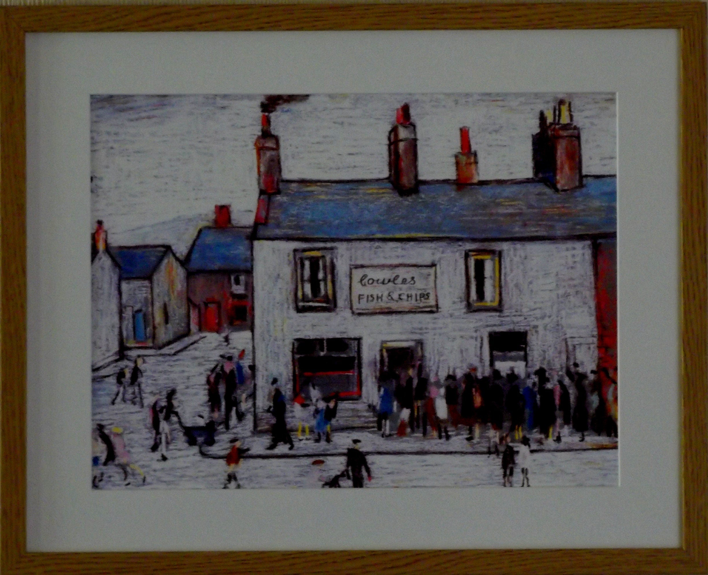 L S Lowry Print - CHIP SHOP - Oak Finish Frame with White Mount and Textured Image