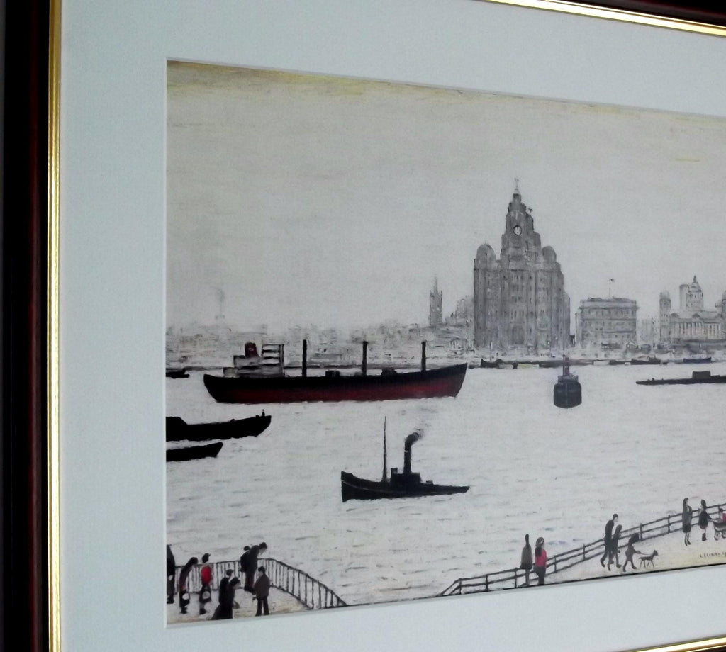 L S Lowry Art Print - LIVER BUILDING - Walnut Finish Frame with White Mount and Textured Image