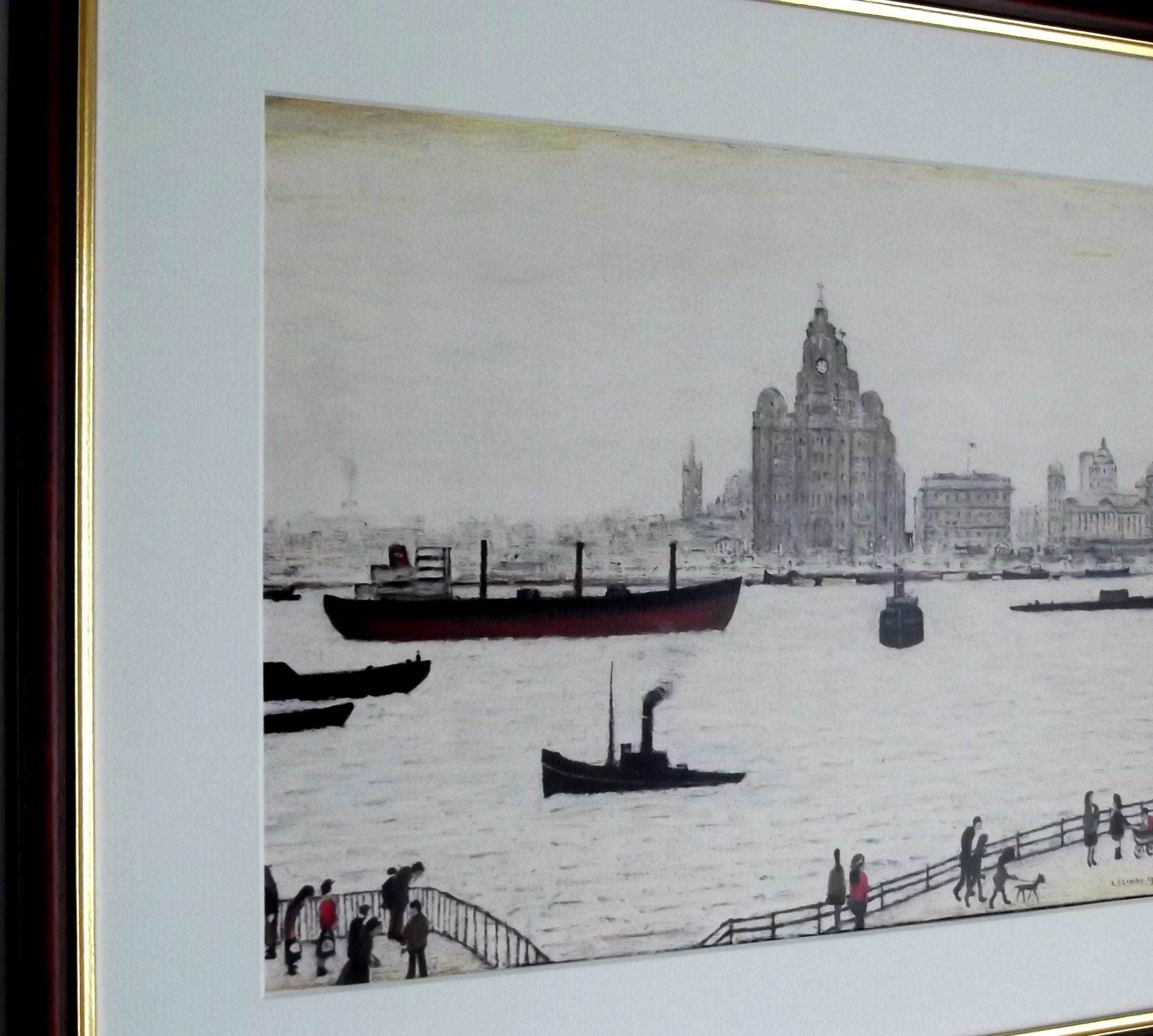 L S Lowry Art Print - LIVER BUILDING - Walnut Finish Frame with White Mount and Textured Image