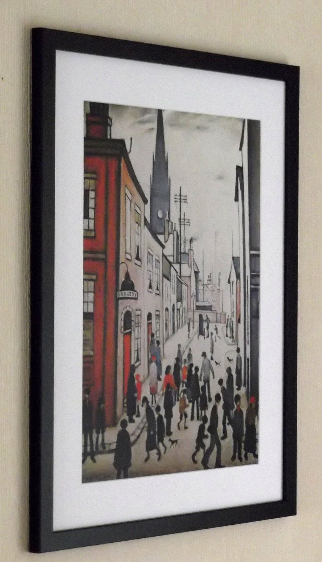 L S Lowry AUTHENTIC Art Print - ORGAN GRINDER - Black Frame with Mount and Textured Image